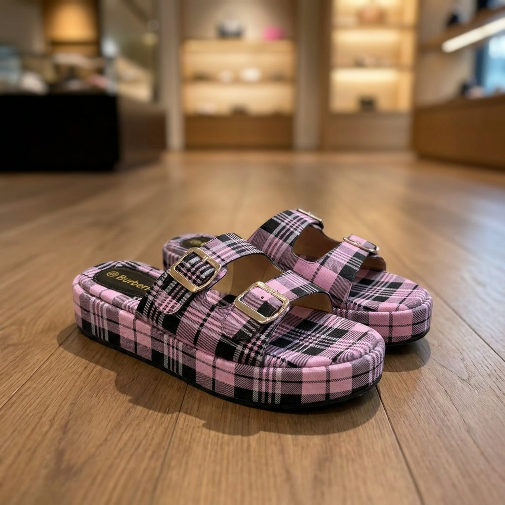 Burberry Check Furley Slides - Pink | صندل - وردي