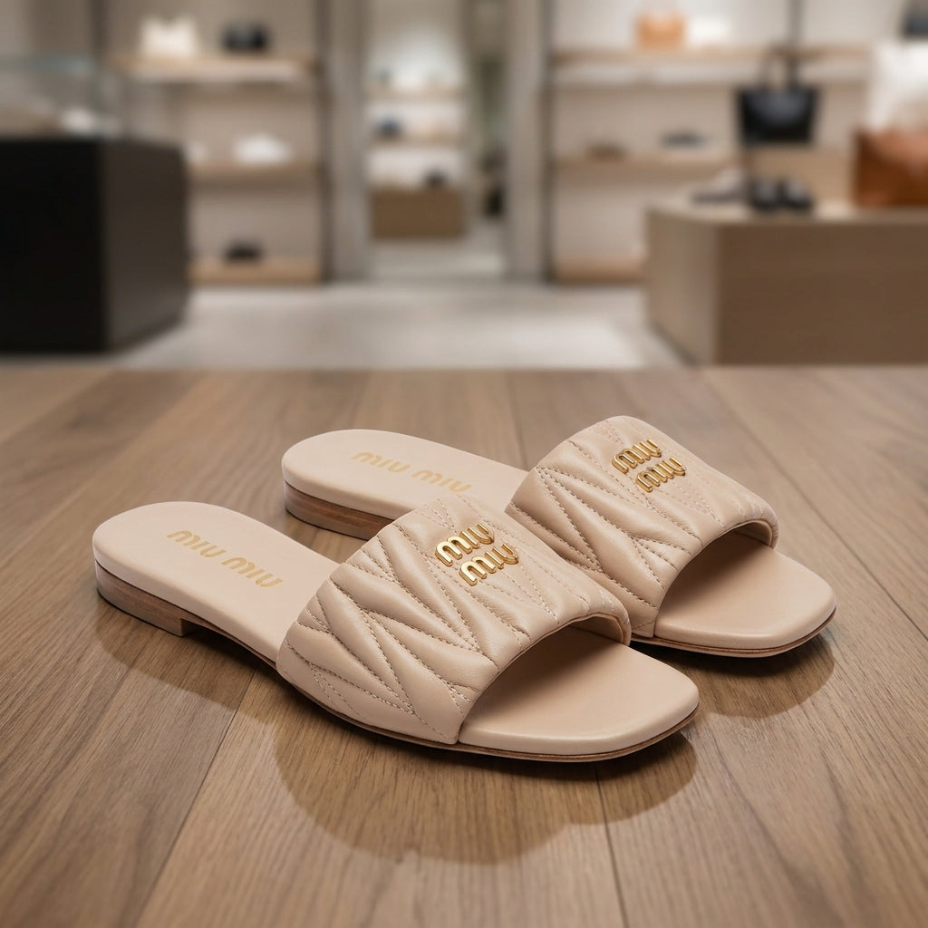 Miu Miu Matelasse Slide - Beige | صندل - بيج