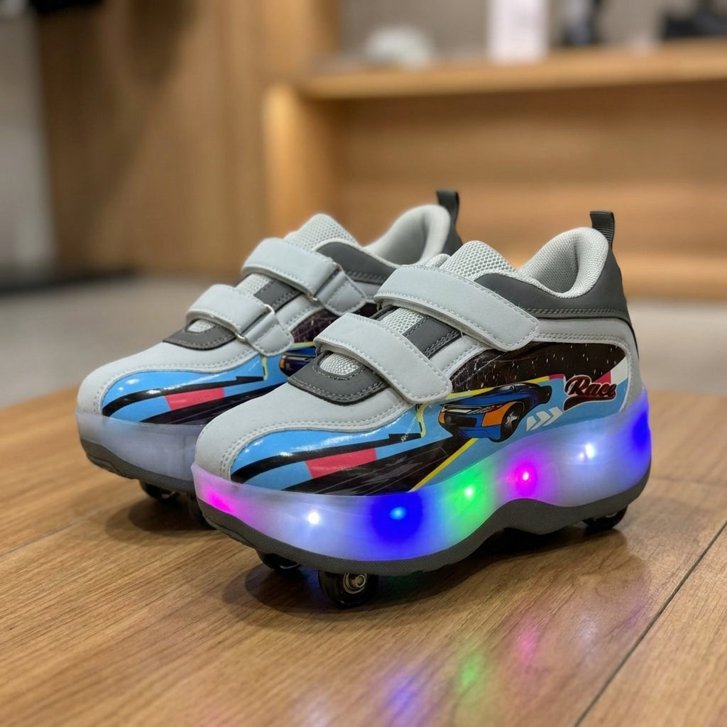 Kids LED light roller Shoe - White | حذاء بعجلات مضيء للأطفال - أبيض