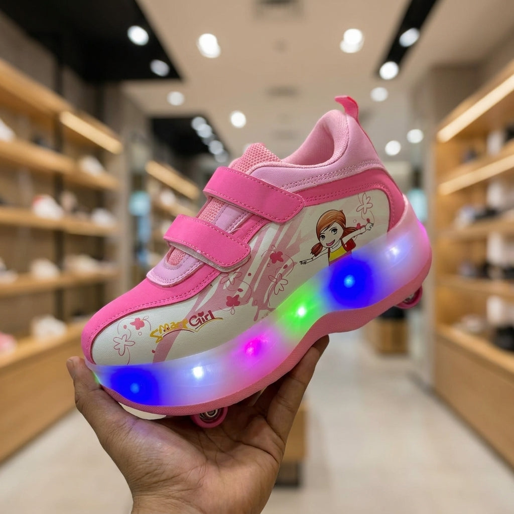 Kids LED light roller Shoe - Pink | حذاء بعجلات مضيء للأطفال - وردي