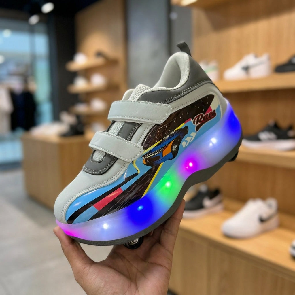 Kids LED light roller Shoe - White | حذاء بعجلات مضيء للأطفال - أبيض