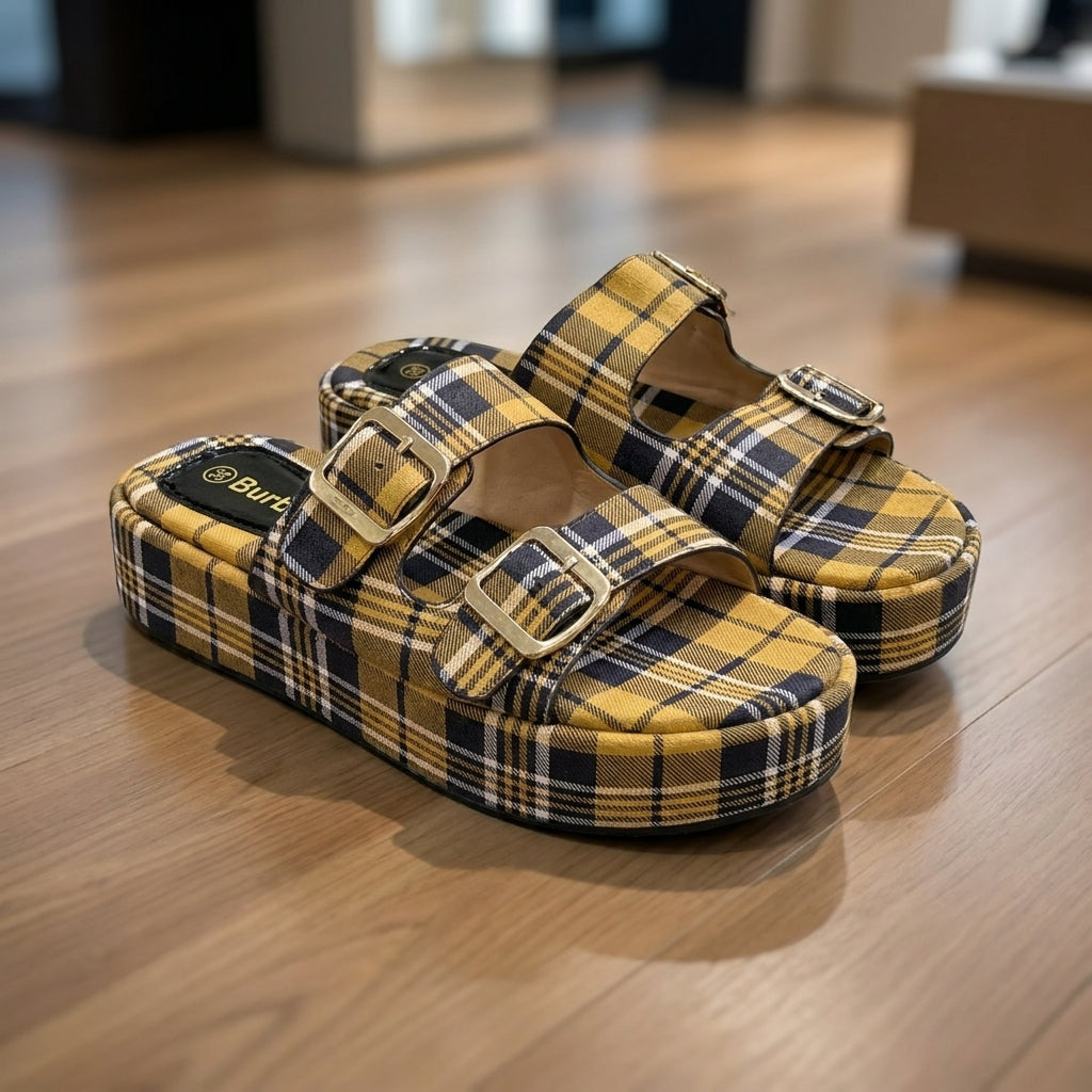 Burberry Check Furley Slides - Mustard | صندل - خردلي