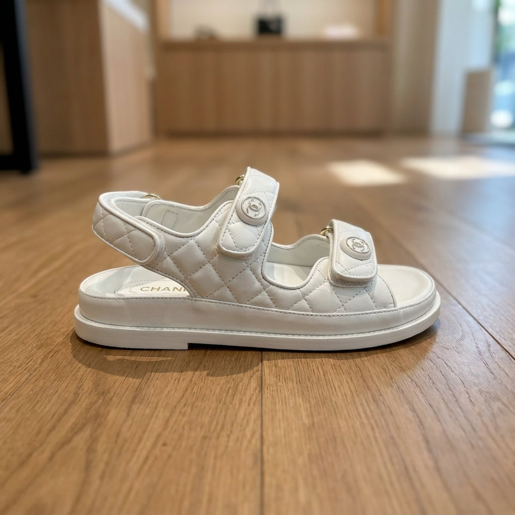 Chanel Quilted lambskin Dad Sandals - White | صندل - أبيض