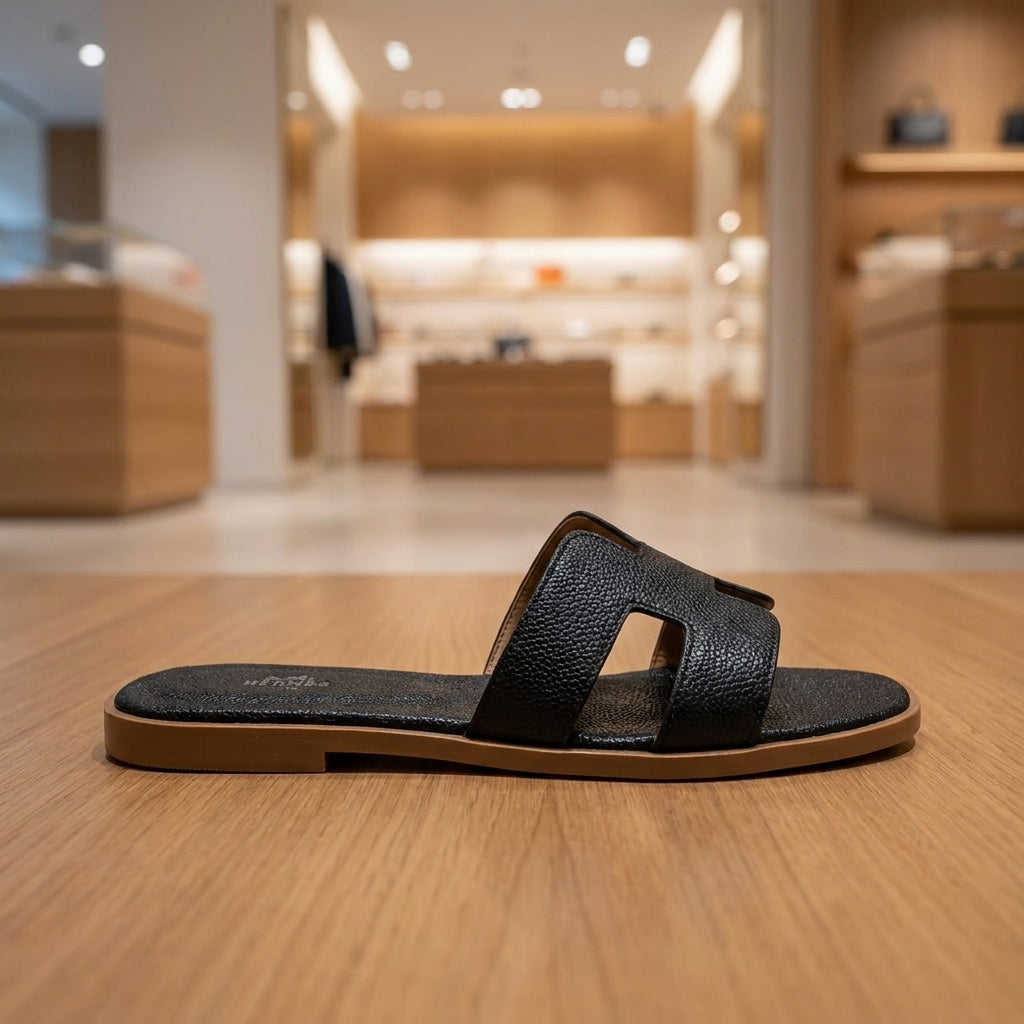 Hermes Oran Flat - Black | صندل فلات نسائي - أسود