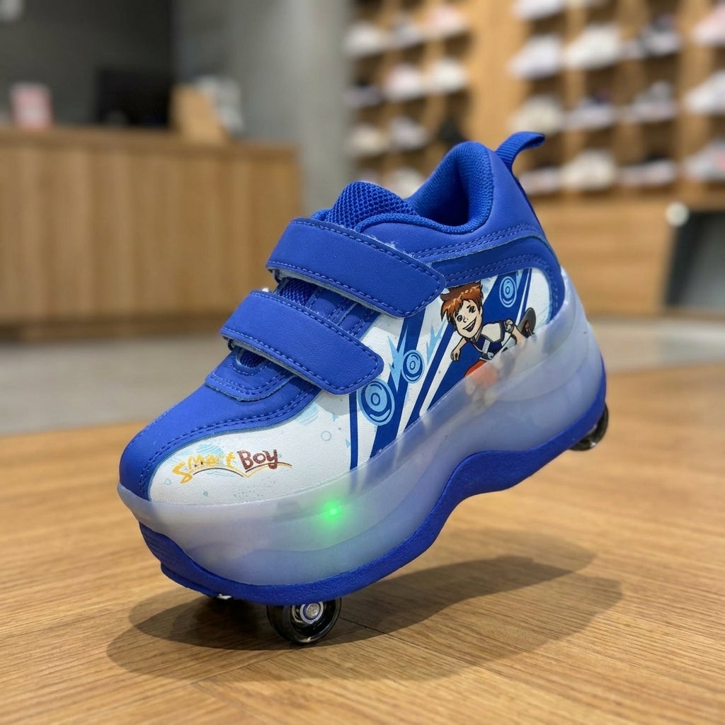 Kids LED light roller Shoe - Blue | حذاء بعجلات مضيء للأطفال - أزرق